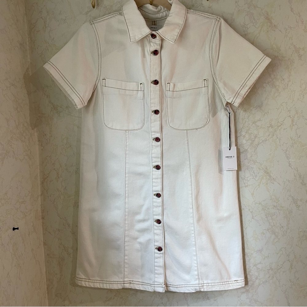 Forever 21 Cream Buttoned Mini Dress with Notched Collar